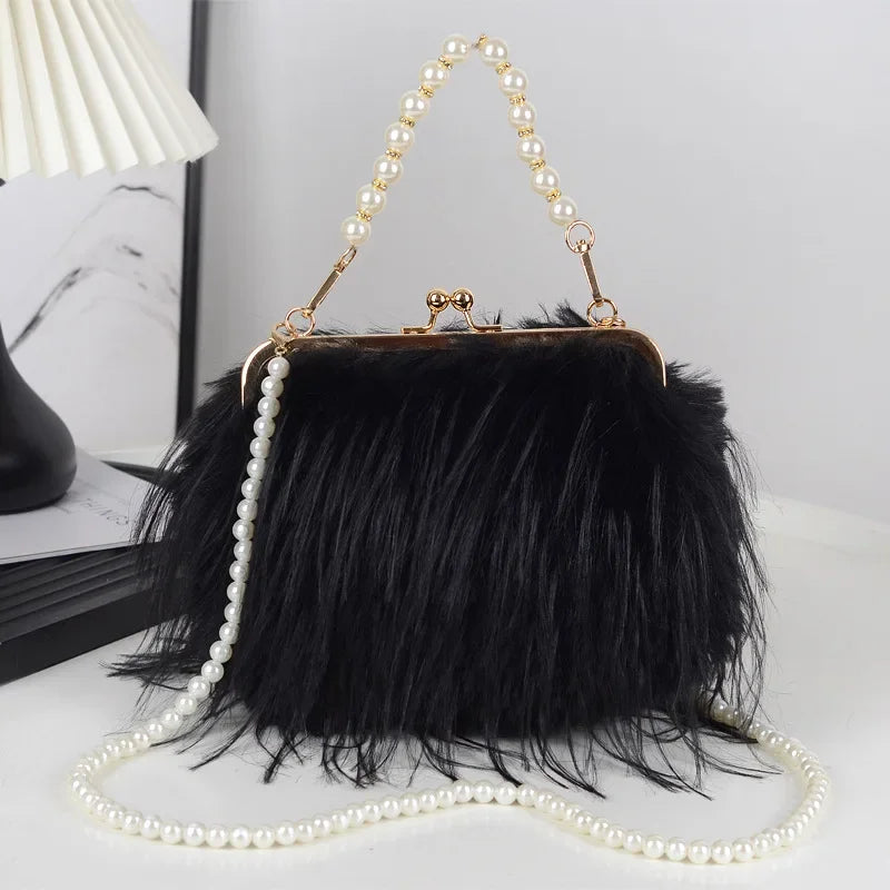 the FURBIE - Designer Women's Handbag with Tassel, Luxury Plush Evening Bags with Pearl Chain, Ladies Purse Tote Bag, Fashion Crossbody Bag