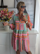 the PINK POPPY - Women Sexy V-Neck Ruffles Boho Spring Vintage Retro Print A-Line Casual 3/4 Flare Sleeve Loose Mini Dress