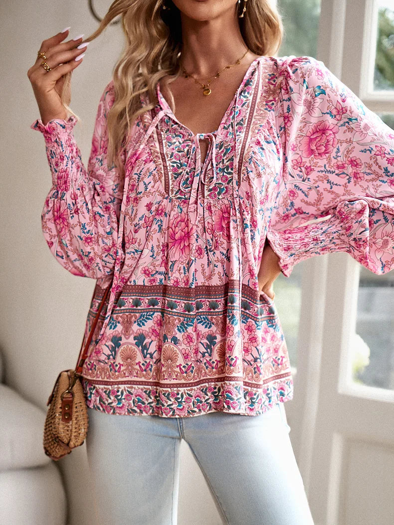 Boho lnspired Pink Floral Blouse Women V-neck Tassel Long Sleeve Bohemian Women Tops New Summer Fashion  Blouse Shirt For Women