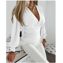 the SOCIALITE - Autumn Women Fashion Solid Color Blouse Long Sleeved V-Neck Slim Sexy Evening Blouse for Women