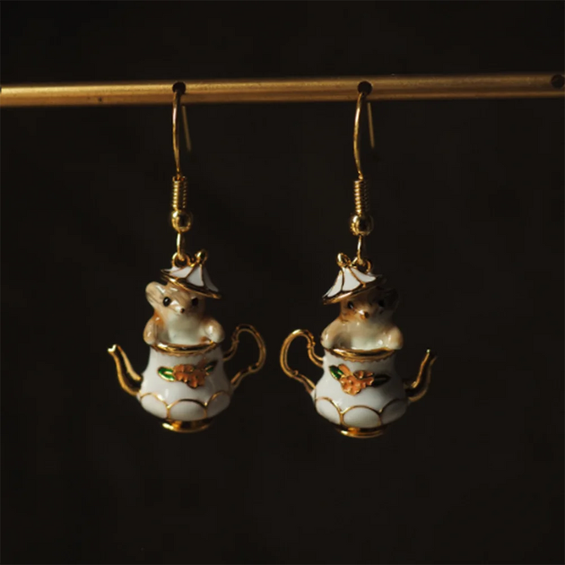 the MOUSE'S TEACUP - Fashion Enamel Mouse French Teapot Earrings/Necklace for Women, Accessories Style Jewelry Charm