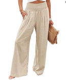 the CASUAL BOHO - Women Casual High Elastic Waist Cotton Linen Boho Beach Wear Wide Lag Pants Loose Oversize Casual Pants