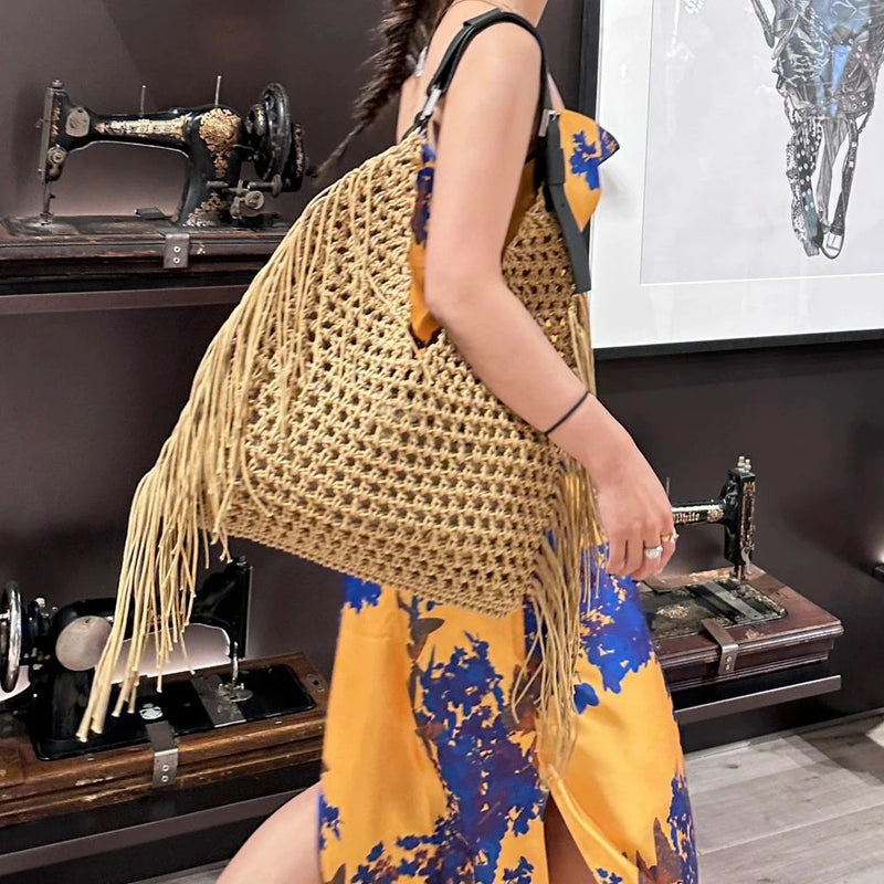 the BEACH BOHO - Hollow Out Hobos Bags for Women, Luxury Designer Handbag/Purse, Weave Large Capacity Tassel Shoulder Straw Beach Bag