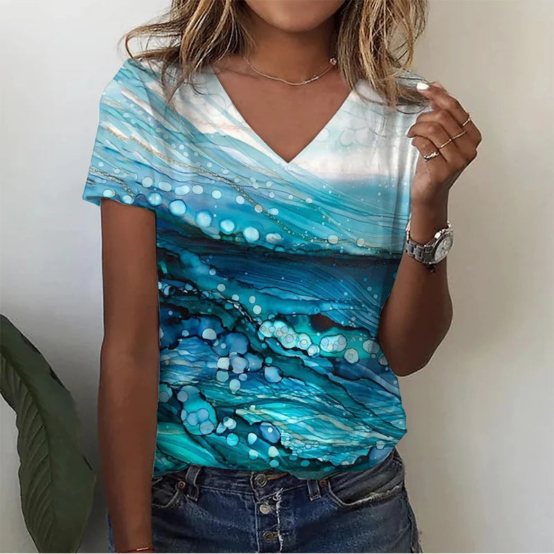 Summer Infauna Shark 3D Print T-shirt Women Streetwear Sea Turtle Shoal T Shirts Y2k Tops Woman V-Neck Tees Oversized Clothing