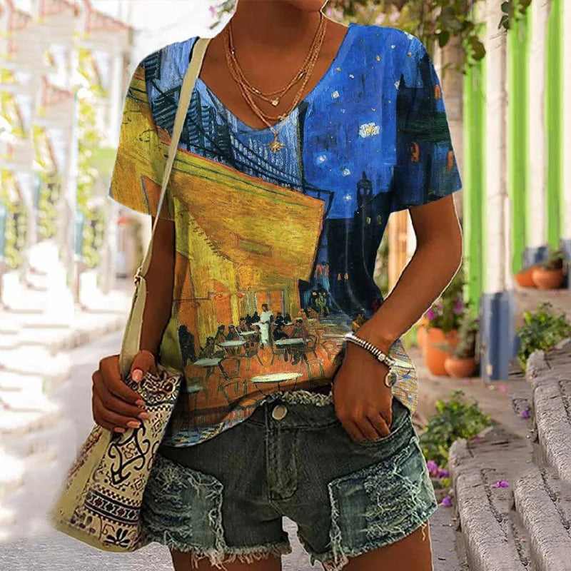 Summer Van Gogh Oil Painting 3D Print T-shirt Women Streetwear T Shirts Tops Woman Harajuku V-Neck Tees Oversized Clothing