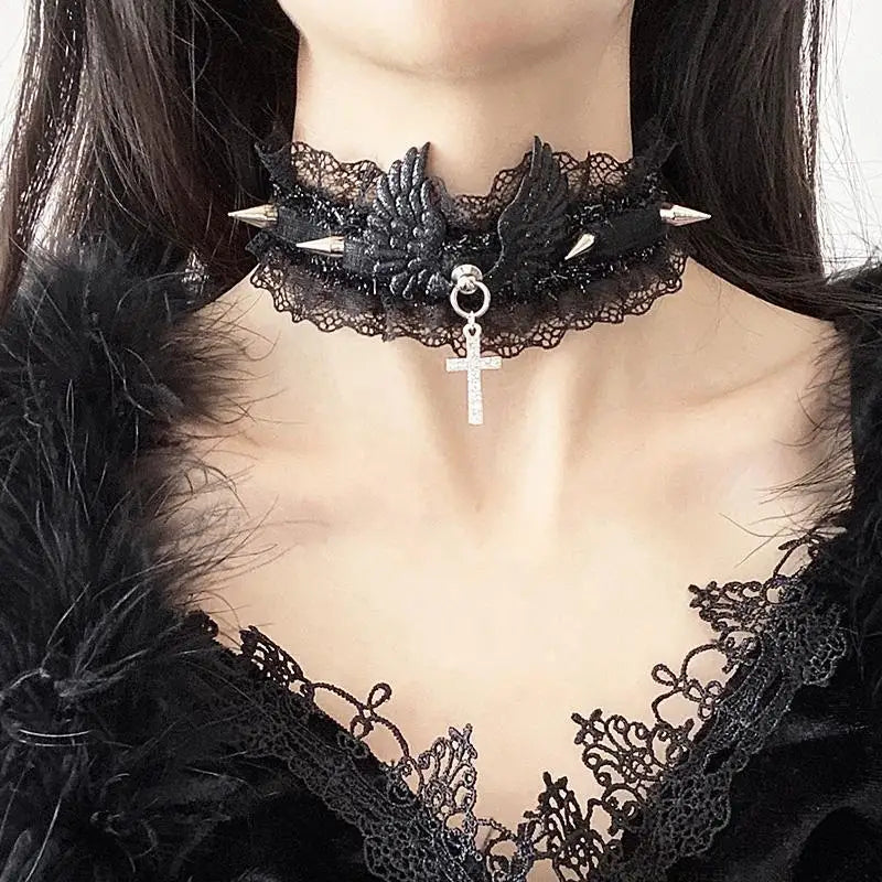 the GOTHIC VICTORIAN - Gothic Victorian Black Lace Necklace Women/Girl Boho Crystal Tassel Sexy Lace Choker Dark Style Jewelry