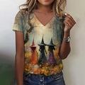 2024 New Witch Print Short Sleeves T shirt Summer Casual Loose V-neck Women's T-shirts Designer Fashion Trend Women Clothing Top