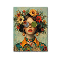 the BOHO BEAUTY - Nordic Boho Fashion Glasses Woman with Flowers Wall Art, Canvas Painting Butterfly with Girl Portrait Poster Prints Mural Picture