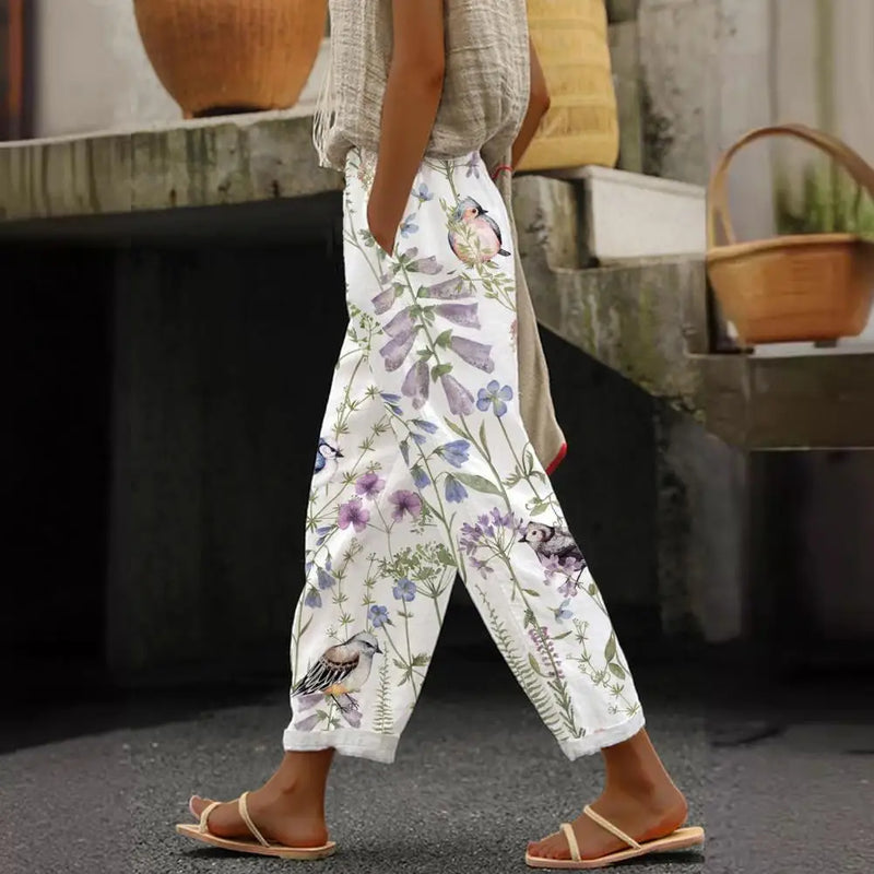 Women Rolled Hem Casual Pants Floral Print Harem Pants Boho Lace-up Dress Stylish Women's Casual Trousers Flowy for Office