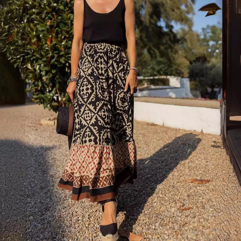 boho print maxi skirt women fashion high waist 3D printting long dress casual loose summer high waist skirts for women 2024