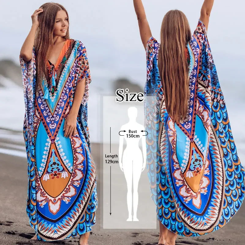 2023 Bohemian Printed V-neck Batwing Sleeve Long Loose Summer Dress For Women Clothes  Streetwear Moroccan Caftan Q831