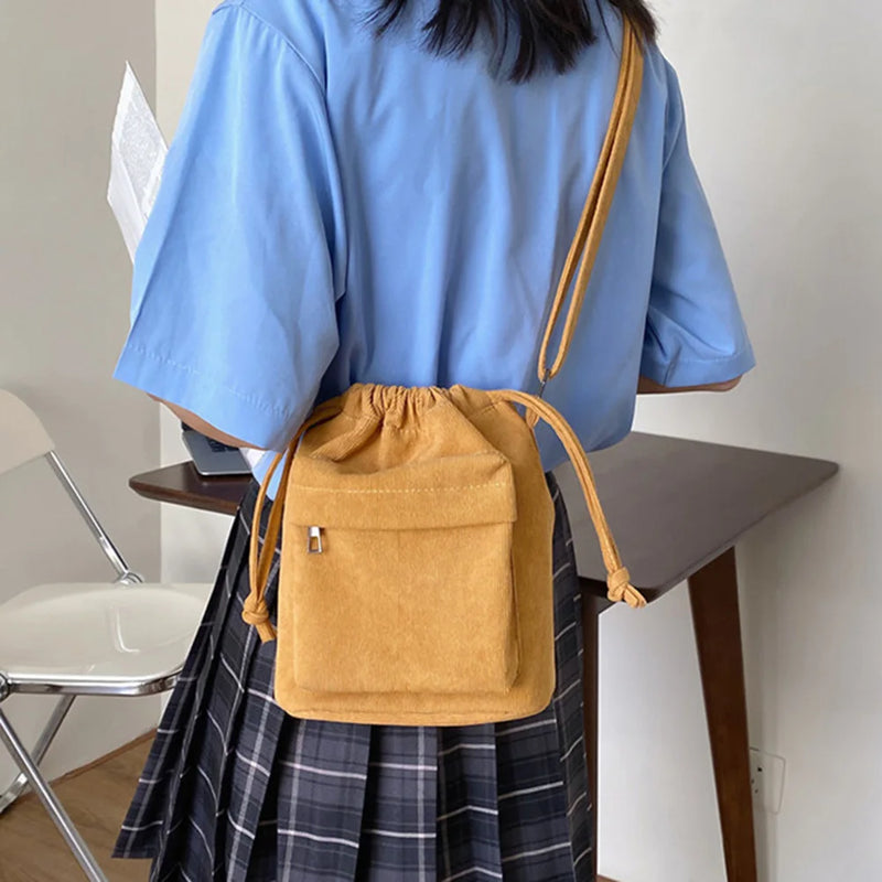 the CORDUROY CROSS-BODY - Solid Satchel Purse, Adjustable Strap Casual Shoulder Bag, Drawstring Corduroy Crossbody Bag. Versatile Slouchy Travel Bag