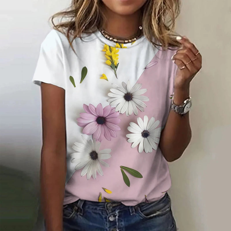 2024 Top Women Flower Printed Women's T-Shirt Oversized T-Shirt Popular Clothes Women Clothing Short Sleeve Tee Blouse