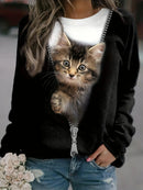 the MEOW - Women's Fashion 3D Cat Print Casual Loose Long Sleeve Round Neck Shirts/Pullovers Sweatshirts