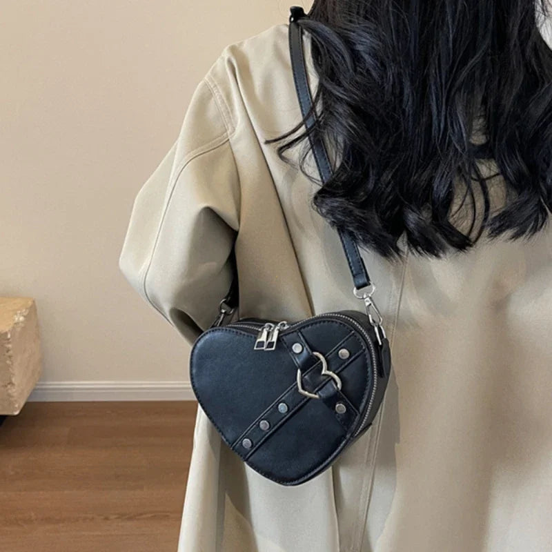 the CROSS MY HEART - Vintage Small Chain Rivet Shoulder Bag, Heart Shaped Purse/Handbag, PU Leather Gothic Tote Bag, Fashion Crossbody Bag