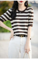 the CASHMERE - Sweater Short Sleeved Striped Sweater Pullover Knitted Cashmere Sweater for Women