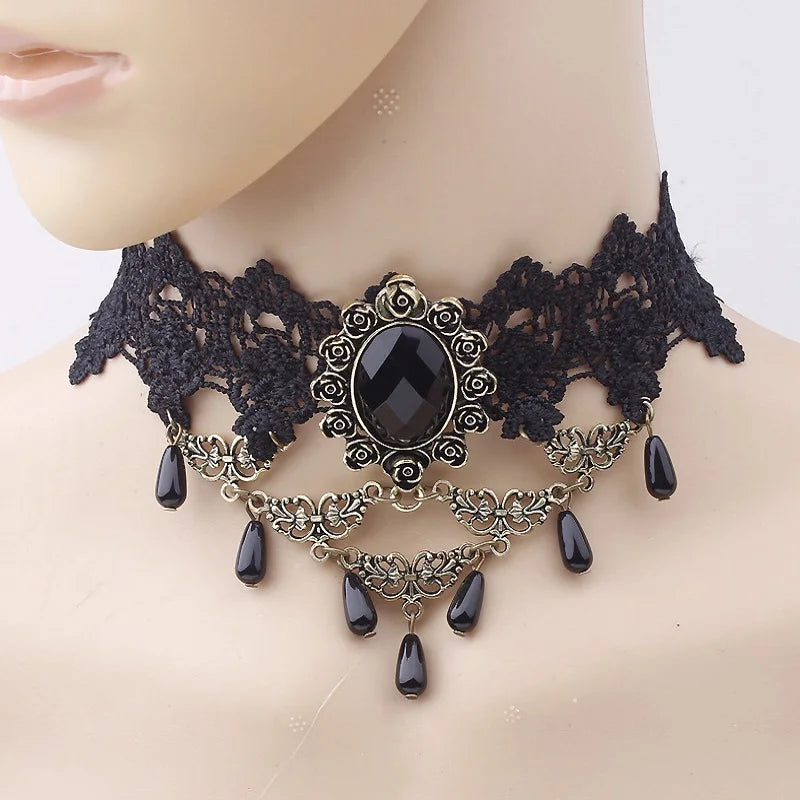 the GOTHIC VICTORIAN - Gothic Victorian Black Lace Necklace Women/Girl Boho Crystal Tassel Sexy Lace Choker Dark Style Jewelry