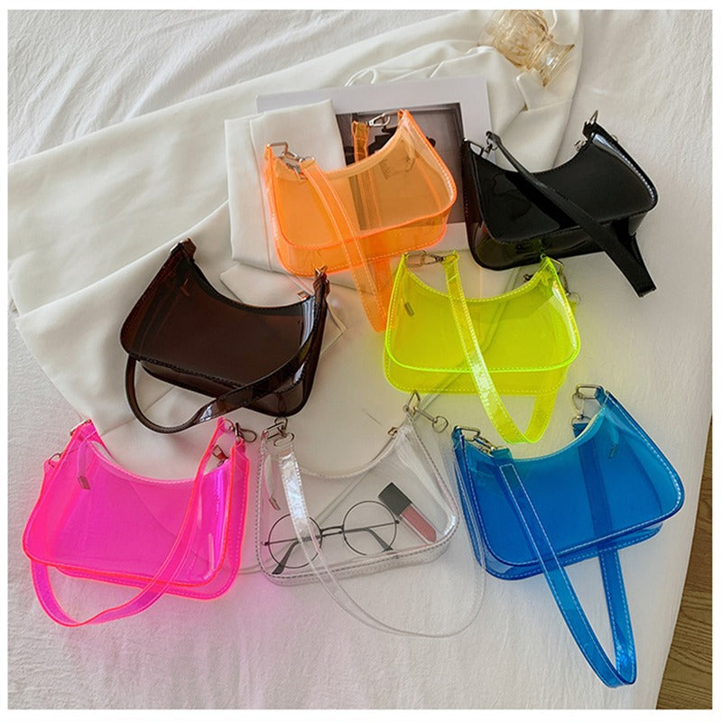 the NEON BAG - Clear Jelly Shoulder Bag for Women, Small Zipper Underarm Purses & Fashion Handbag