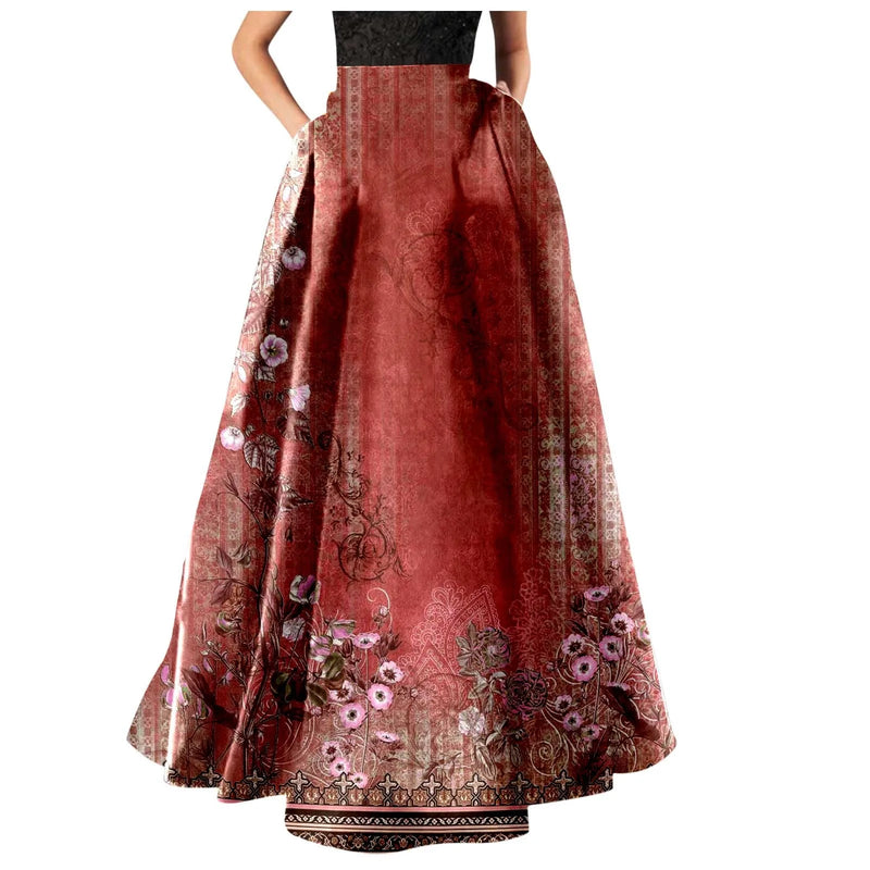 Strip Dress Women Women Bohemian Floral Print Maxi Skirt High Waist Pocket Party Beach Long Skirt Denim Tunic Dress for Women