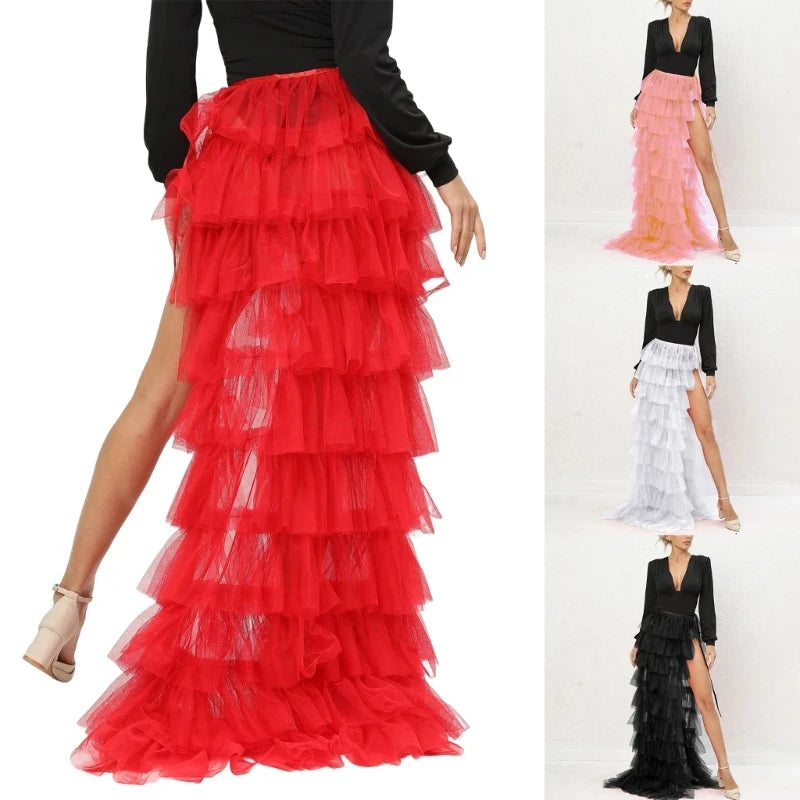 Women Long High Low Ruffles Tulle Skirt Solid Color Mesh Tied-Up Irregular Floor-Length Party Train Overskirt Cover Ups