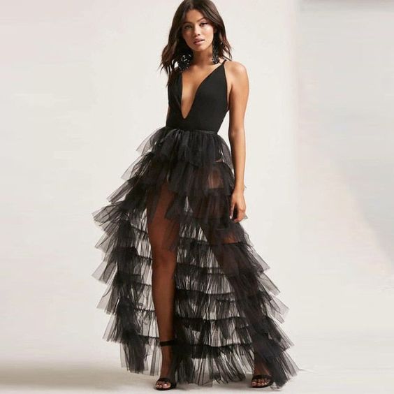 Women Long High Low Ruffles Tulle Skirt Solid Color Mesh Tied-Up Irregular Floor-Length Party Train Overskirt Cover Ups