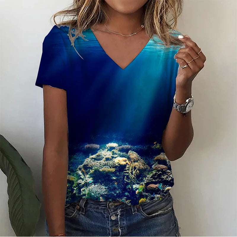 Summer Infauna Shark 3D Print T-shirt Women Streetwear Sea Turtle Shoal T Shirts Y2k Tops Woman V-Neck Tees Oversized Clothing