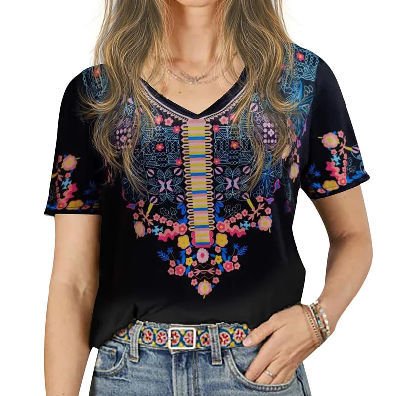 Summer T-shirt Floral Ethnic 3D Print V-Neck Tees Retro Women Tops Boho Streetwear Harajuku Oversized T Shirts Female Clothing