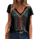 the TURQUOISE - Summer Western Aztec Graphic 3D Print V-Neck Casual Oversized T-Shirts for Women