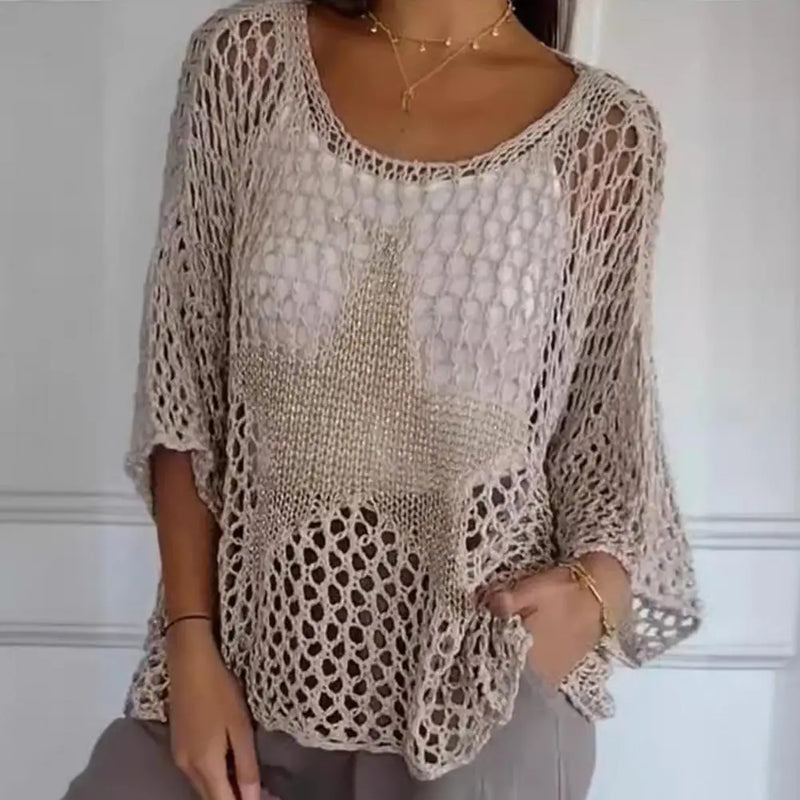 Women Fishnet Pullover Crochet Fishnet Blouse Stylish Women's Crochet Tops O-neck Fishnet Knit Blouse V-neck for Fashionable