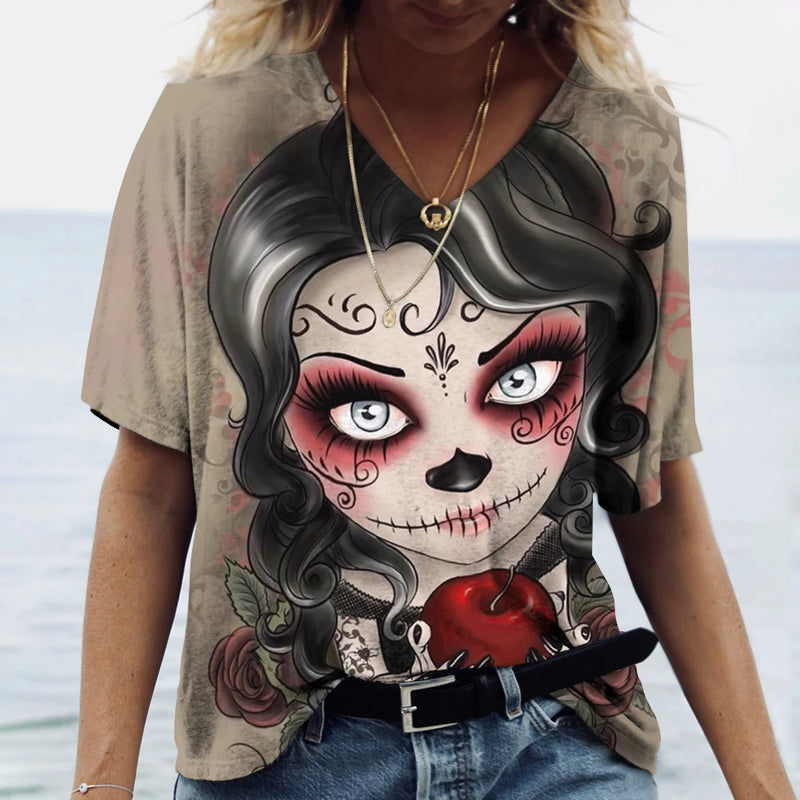 2023 Vintage Skull Face Women's T Shirt Tops V Neck Casual Cotton Short Sleeve Pullover Summer Female Harajuku Punk Streetwear