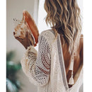 the WHITE SANDS - Sexy Boho Hollow Out Backless Deep V Neck White Beach Long Sleeve Lace Up Tassel Loose Casual Mini Dress