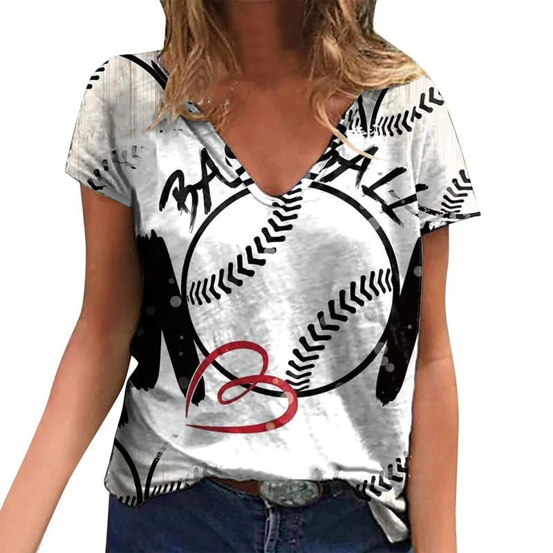 Summer Baseball MOM 3D Print T Shirt Women V-Neck Short Sleeve Tees Y2k Tops Harajuku Streetwear Oversized T-shirts Clothing