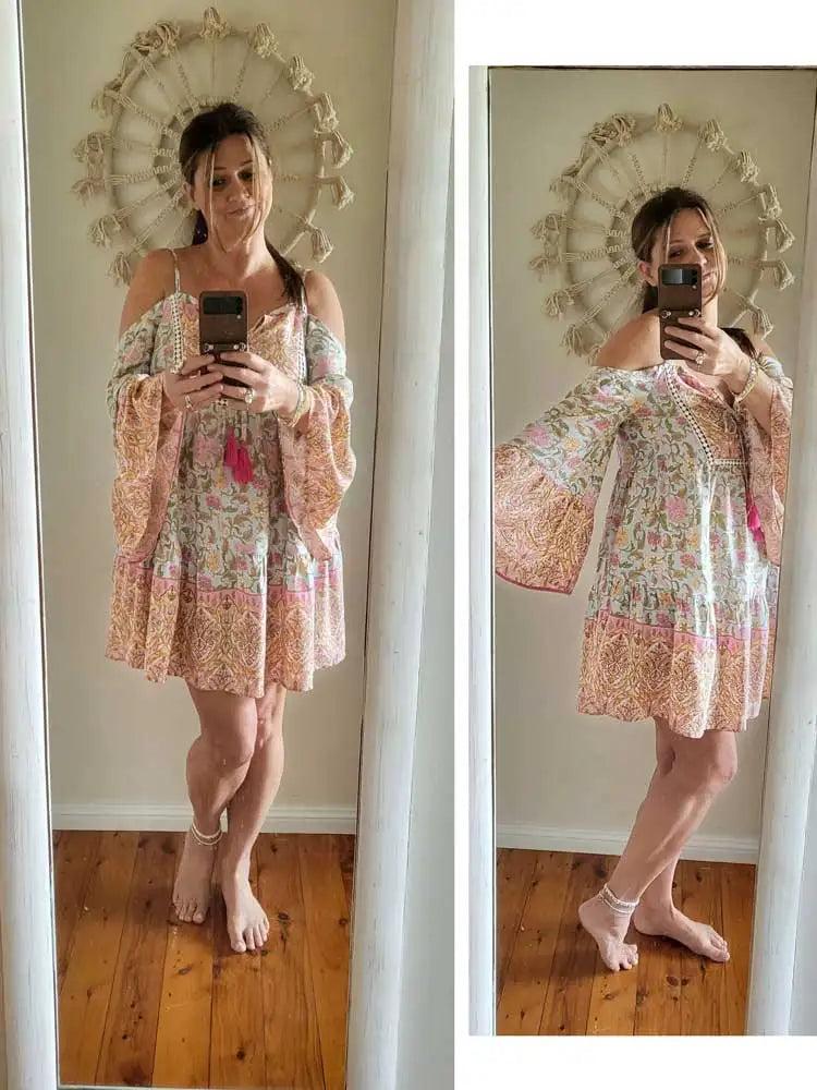 Boho Inspired floral print rayon mini boho dress for women off shoulder V-neck half sleeve bohemian boho beach summer dress 2023