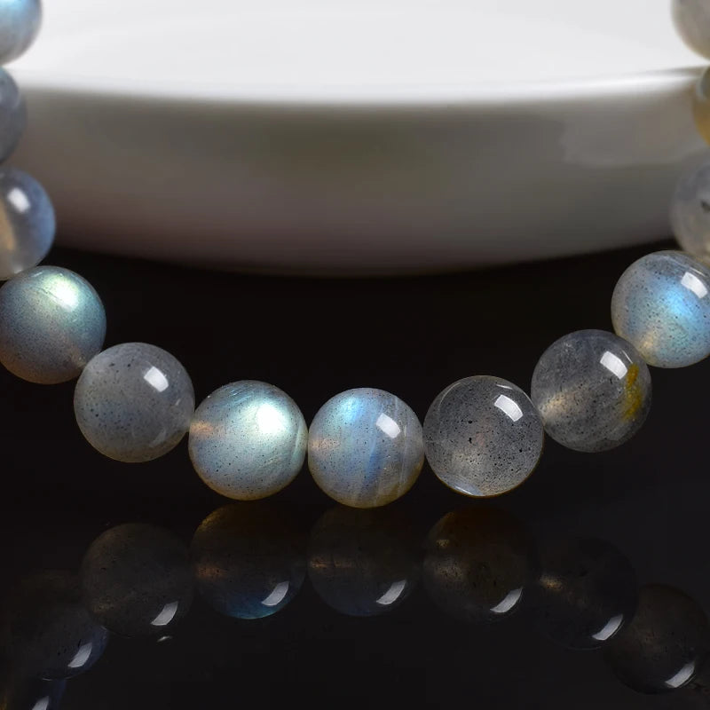 the LABRADORITE - Natural Grey Labradorite Bracelets, Flash Smooth Spectrulite Moonstone Round Elastic Beads Bracelet, Genuine Natural Stone Jewelry