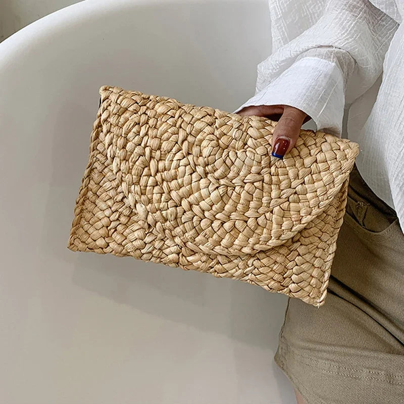 the LETTER BAG - Fashionable Corn Husk Straw Bags, Hand-Woven Women Clutch, Envelope Handbag Long Purse for Female, Summer Beach Bag