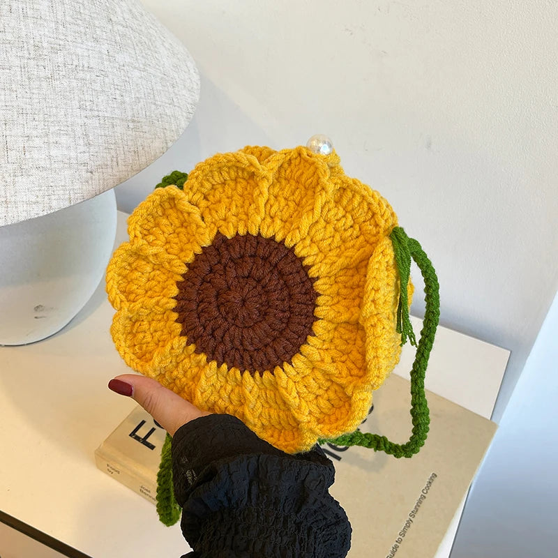 the KNITTED FLOWER - New Fashion Sunflower Pattern Women's Mini Knitted Handbag, Female Woven Shopper Purse, Lovely Design Chain Shoulder Crossbody Bag