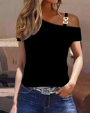 the BUCKLE - Summer Fashion Metal Buckle Oblique Collar Casual Short Sleeved Printed T-Shirt Tops
