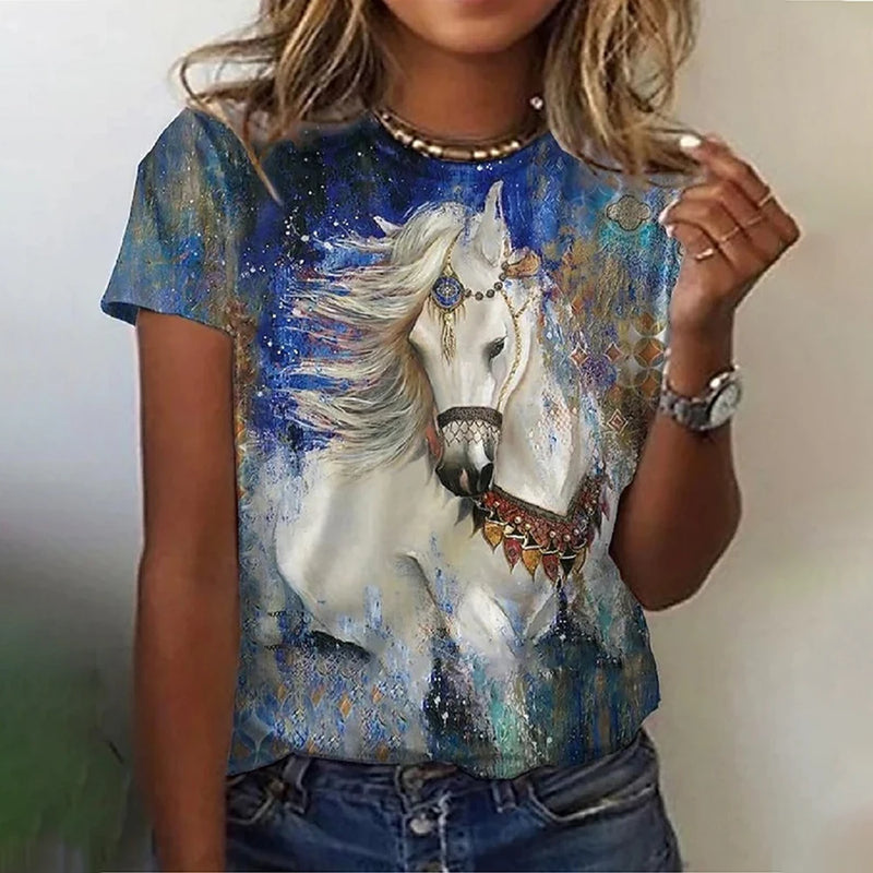 Summer Horse 3D Print T-shirts Women Streetwear Casual Fashion Oversized Short Sleeve T Shirt O-neck Kids Tees Tops Clothing