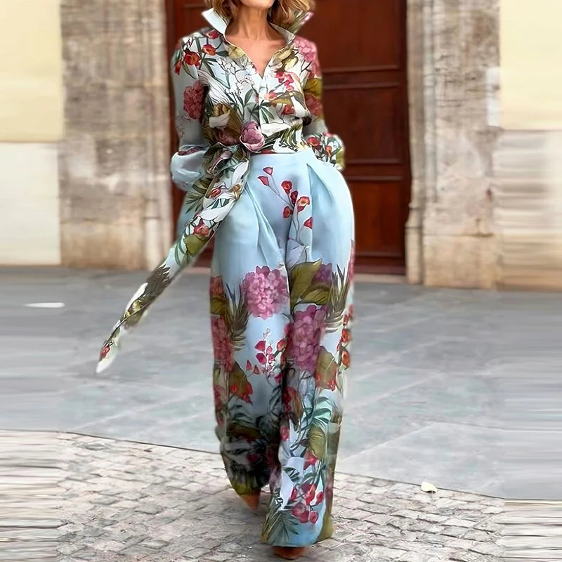 Spring Summer Floral Print Women's Two Piece Casual Long Sleeved Bohemian Suit Lady Lapel Button Shirt with Skirt Beach Outfits