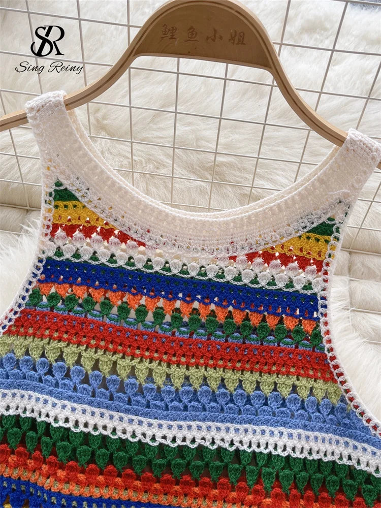 SINGREINY Bohemian Rainbow Knit Tops Y2k Hooked Flower Hollow Out Sleeveless Sweet Summer Women Holiday Beachwear Colorful Camis