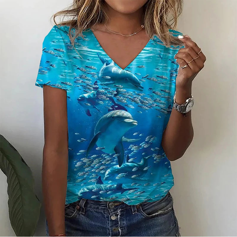 Summer Infauna Shark 3D Print T-shirt Women Streetwear Sea Turtle Shoal T Shirts Y2k Tops Woman V-Neck Tees Oversized Clothing