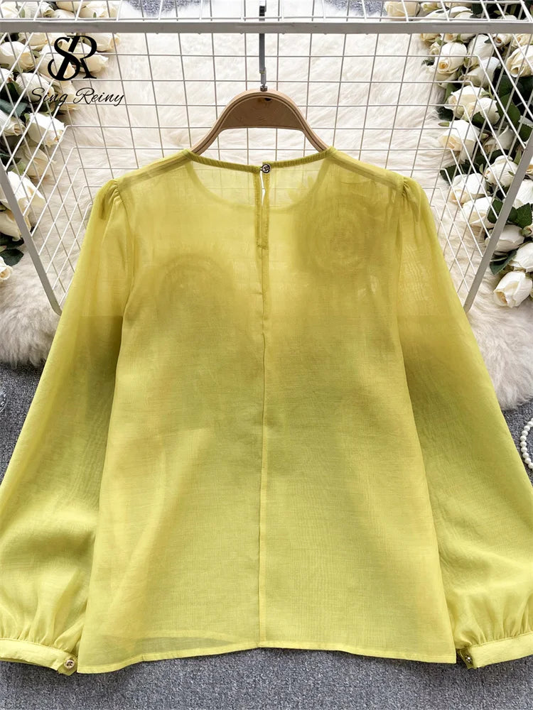 SINGREINY Spring Loose Satin Blouse Women O Neck Long Sleeves Sheer Bohemian Top 2024 Transparent 3D Floral Casual Shirt