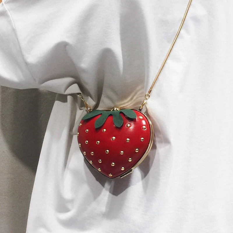 the STRAWBERRY - Cute Fruit Strawberry Heart Shape Pu Rivet Mini Fashion Ladies Chain Purse Clutch Bag