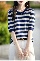 the CASHMERE - Sweater Short Sleeved Striped Sweater Pullover Knitted Cashmere Sweater for Women