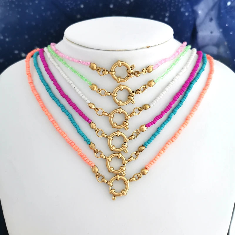 the LAYERED BOHO - Women's Imitation Pearl Necklace Choker Seed Beads Rainbow Stainless Steel Clasp Sailor Buckle Base Chain Gold Color Boho