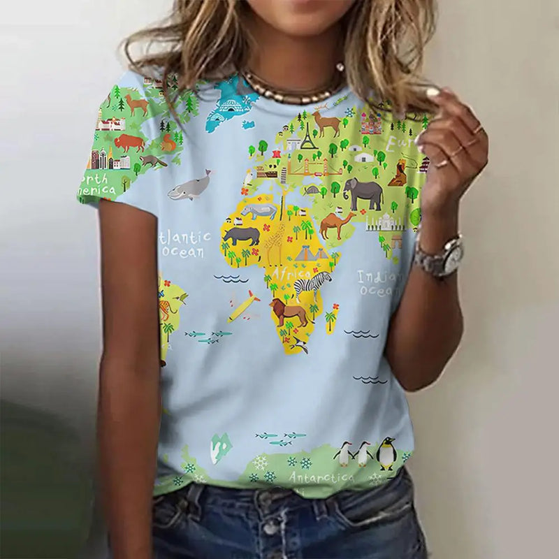 World Map Pattern Print Women's T-shirts Casual O-neck Summer Loose Short Sleeves T shirt 2024 Funny Women Clothing Pullover