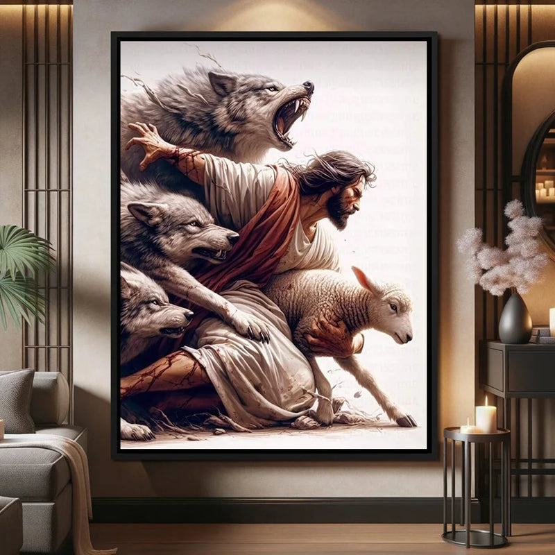 the GOOD SHEPARD - Holy Religious Belief God Jesus and Holy Spirit Posters Print, Sacred Heart Jesus Shepherd Canvas Painting Living Room Home Decor