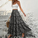 the WHITE FLORAL - Small Floral Waistband Elastic Three-Layer Splicing Long A-Line Pleated Big Swing Skirts
