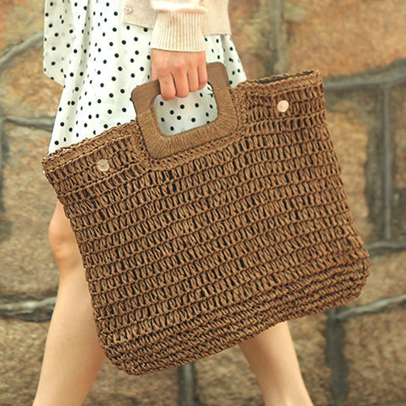 the WOVEN BAG - Straw Bag Rattan Woven Round Tassel Handbag for Women, Large Capacity Shoulder Tote Purse, Ladies Holiday Wood Handle Shopping Bag