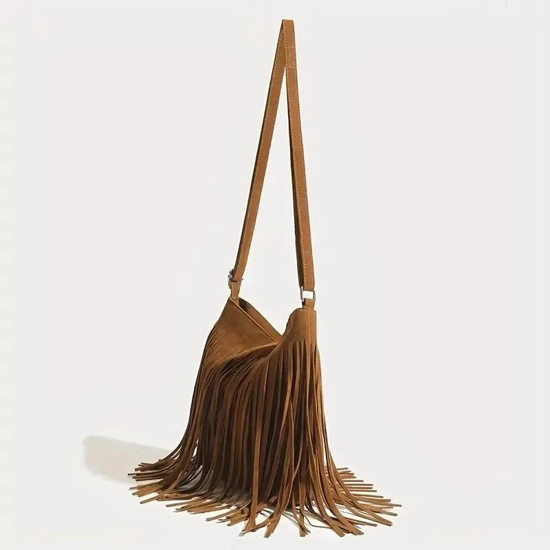 the TASSEL BOHO - Boho Style Fringe Crossbody Bag, Vintage Suede Shoulder Bag, Women's Large Capacity Casual Fringe Postman Shoulder Bag